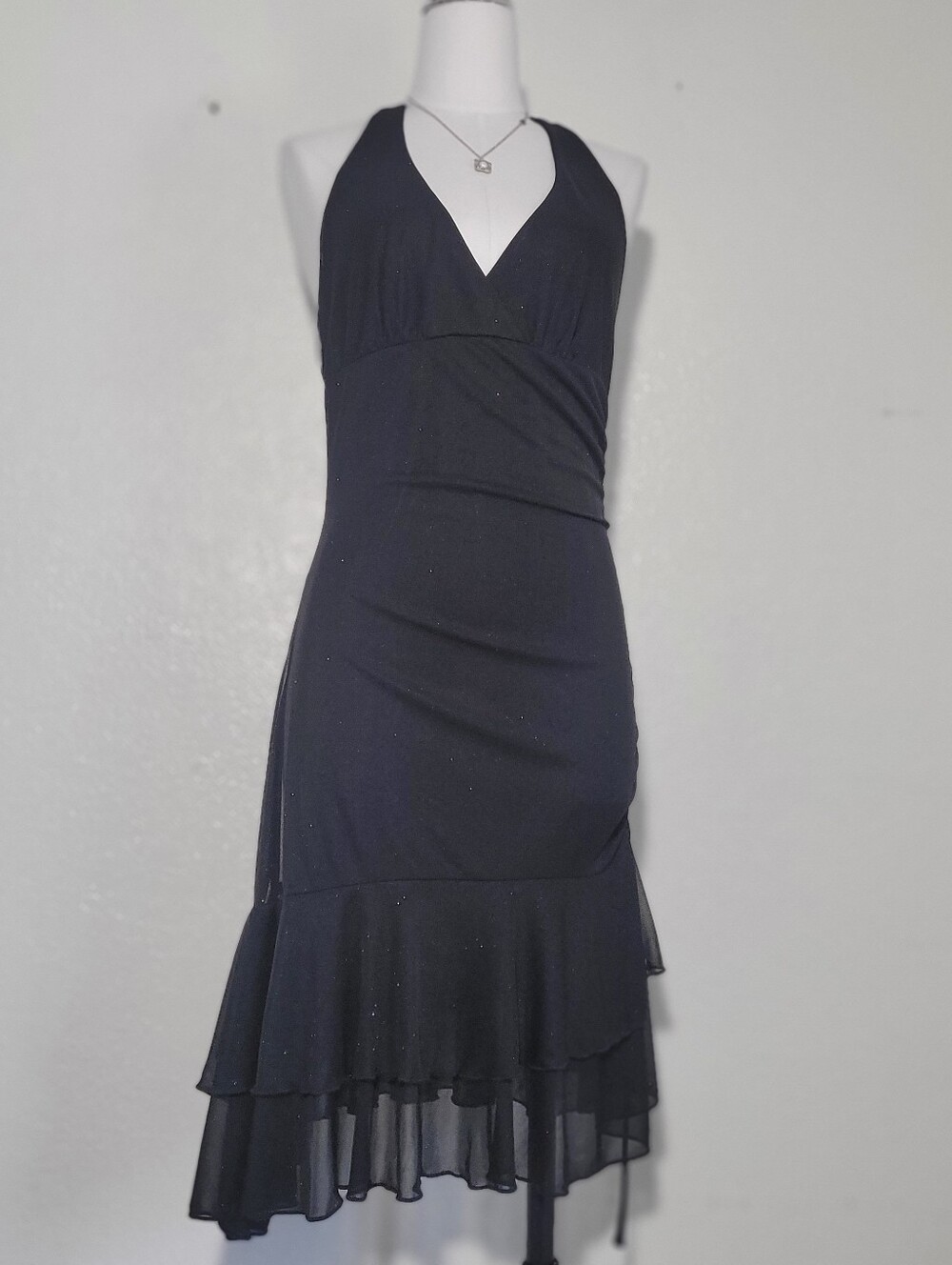 Vintage Y2K Speechless Sparkley Halter Asymetrical BlackRuffle Hem Dress Medium